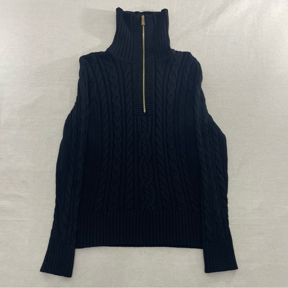 Ralph Lauren Women's 1/4 Zip Gold & Black Cable Knit Sweater Long Neck Sz M